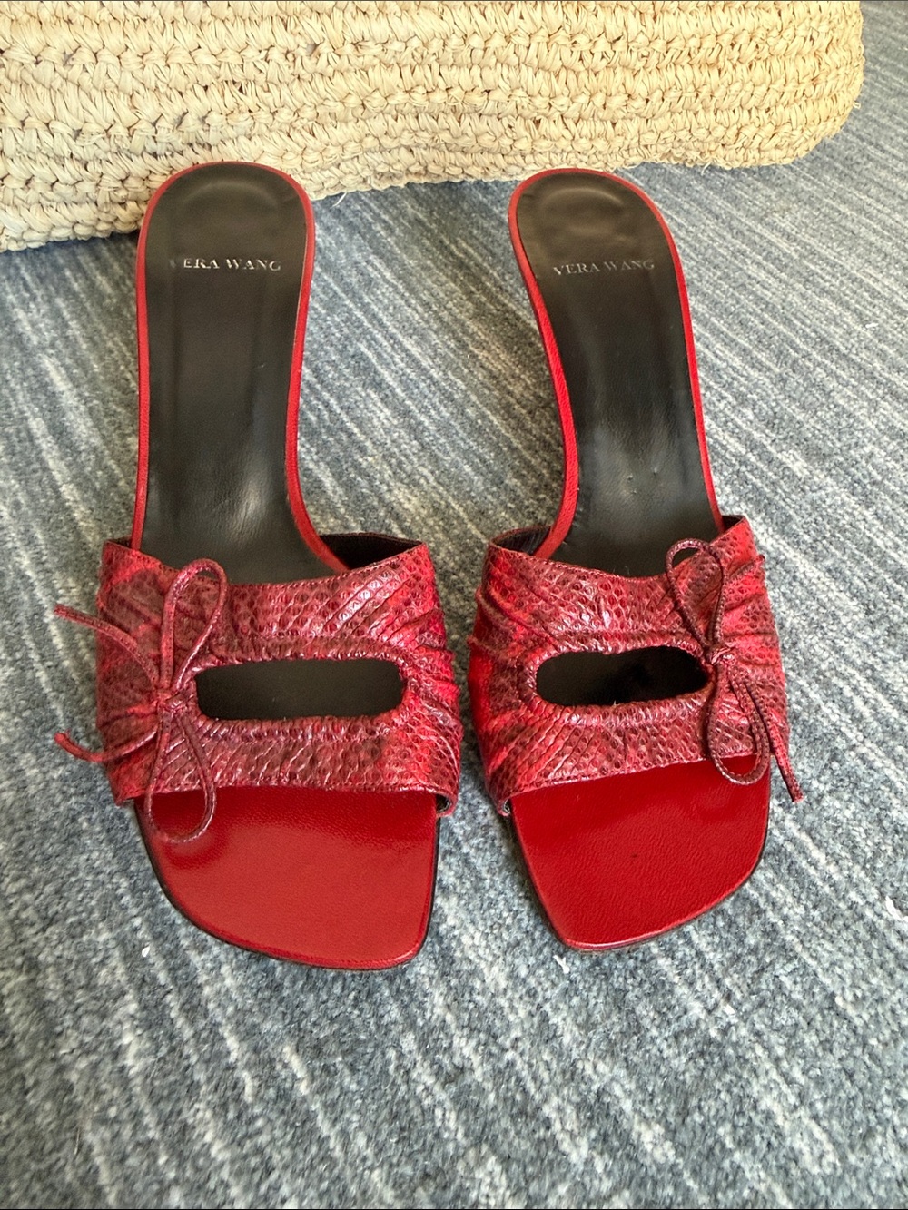 Vera Wang Red Textured Slide Mules with Bow Detail